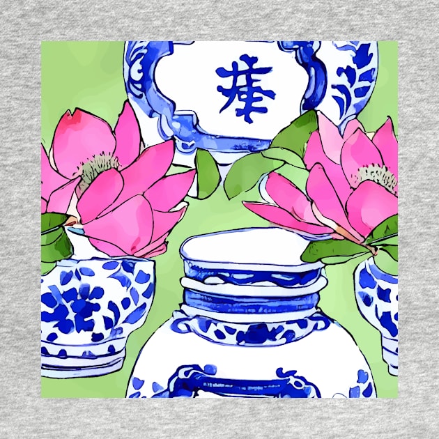 Lotus and chinoiserie jars on lime green by SophieClimaArt